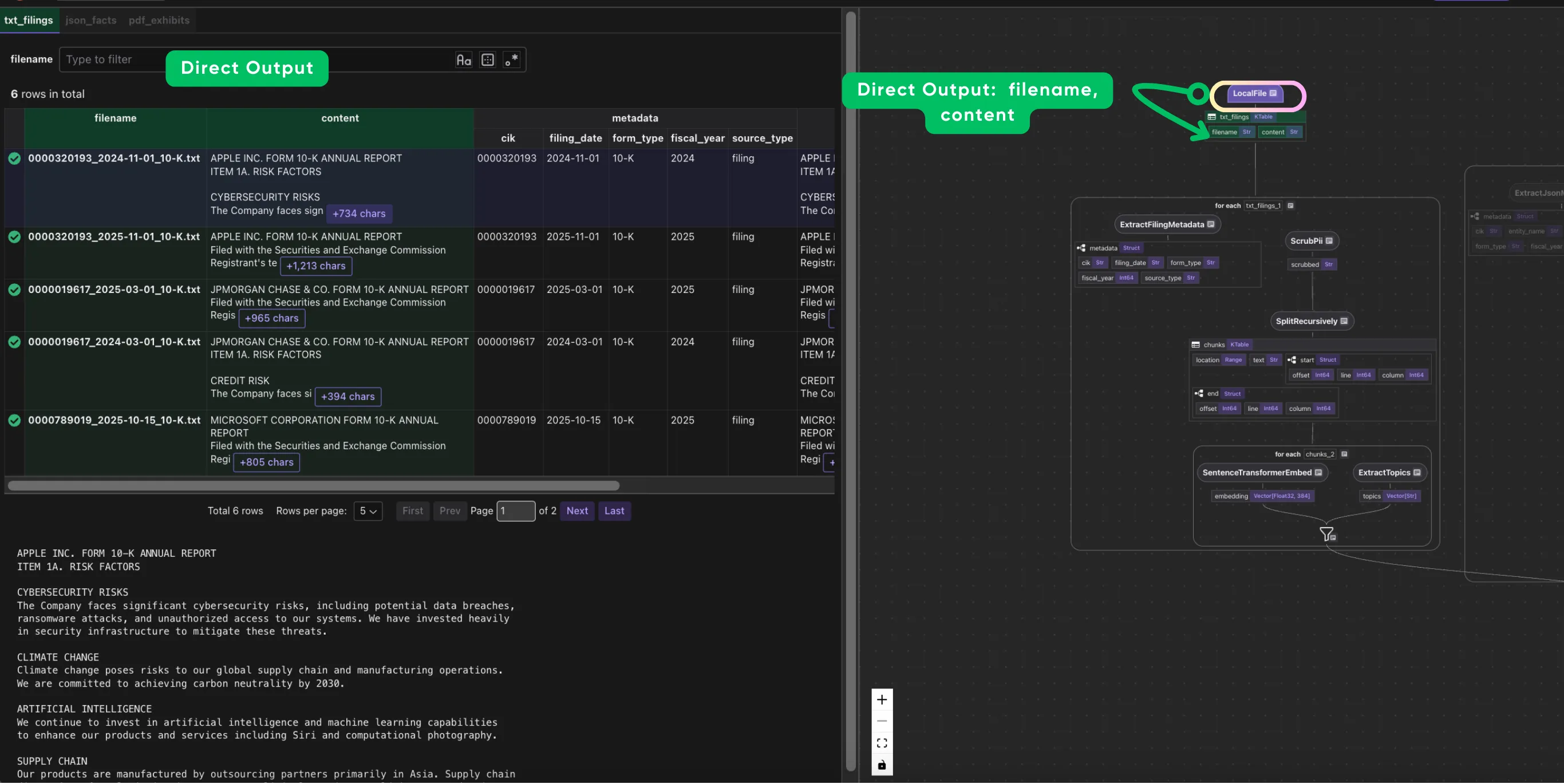 CocoInsight showing the text filing source: filename and content fields