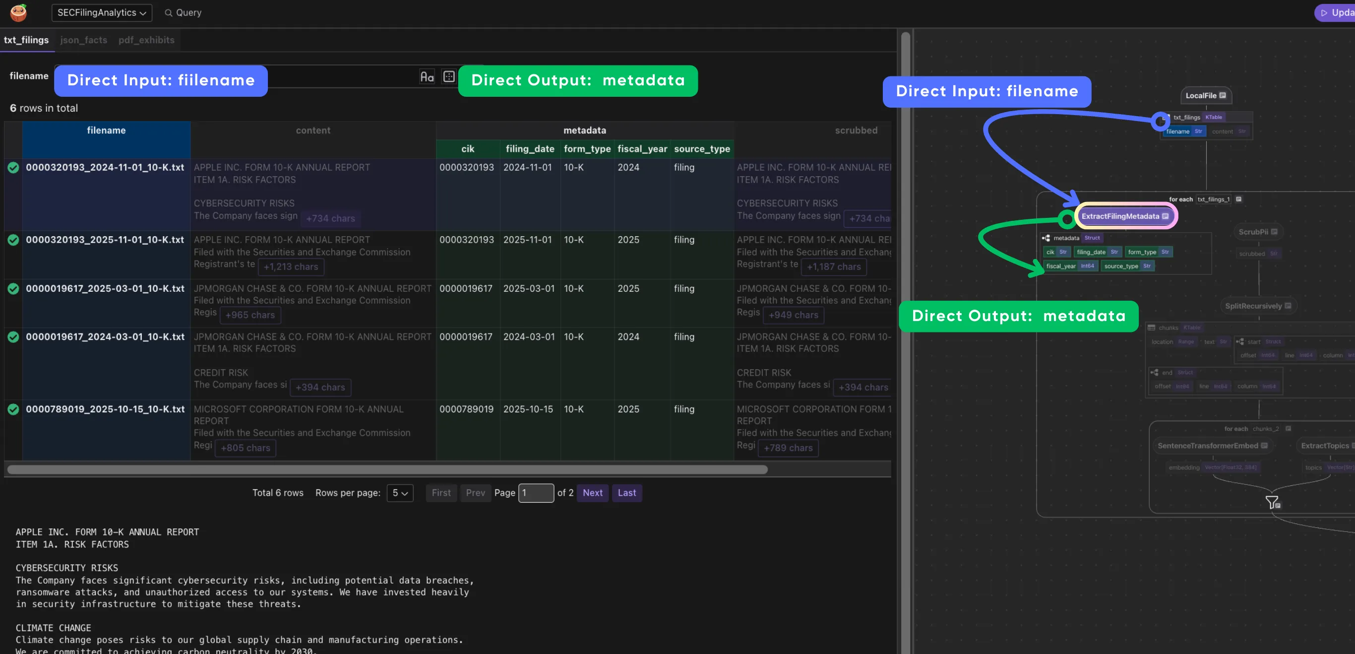 CocoInsight showing metadata extraction: filename → CIK, filing date, form type