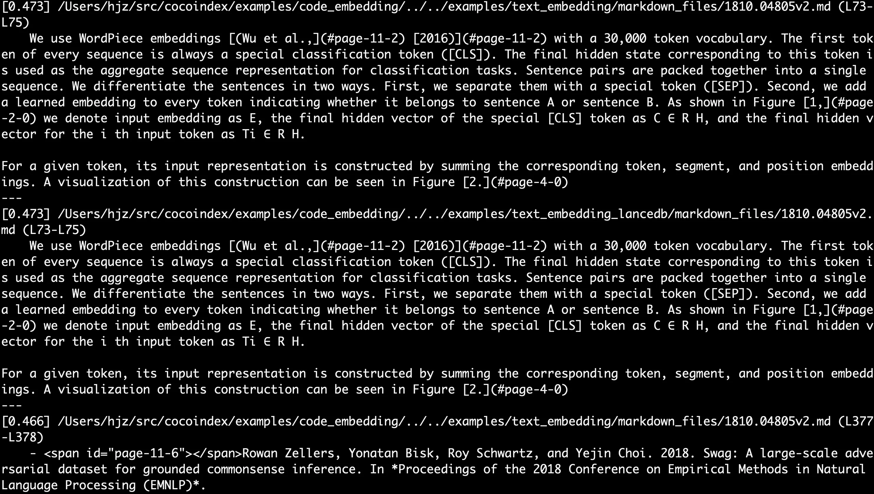 Search results in terminal