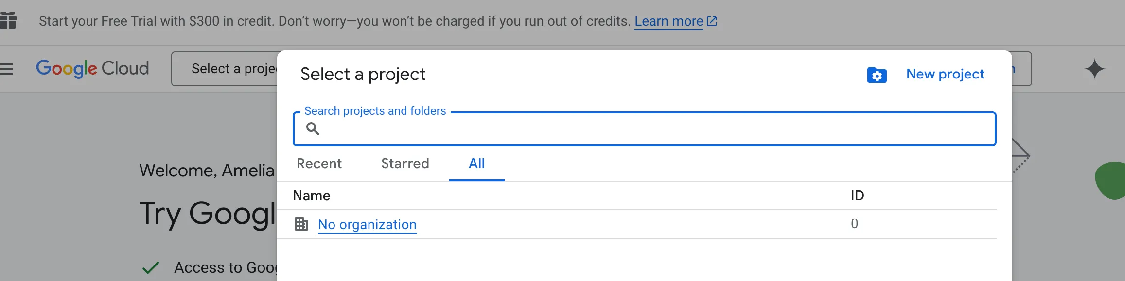 Select or Create a GCP Project New User
