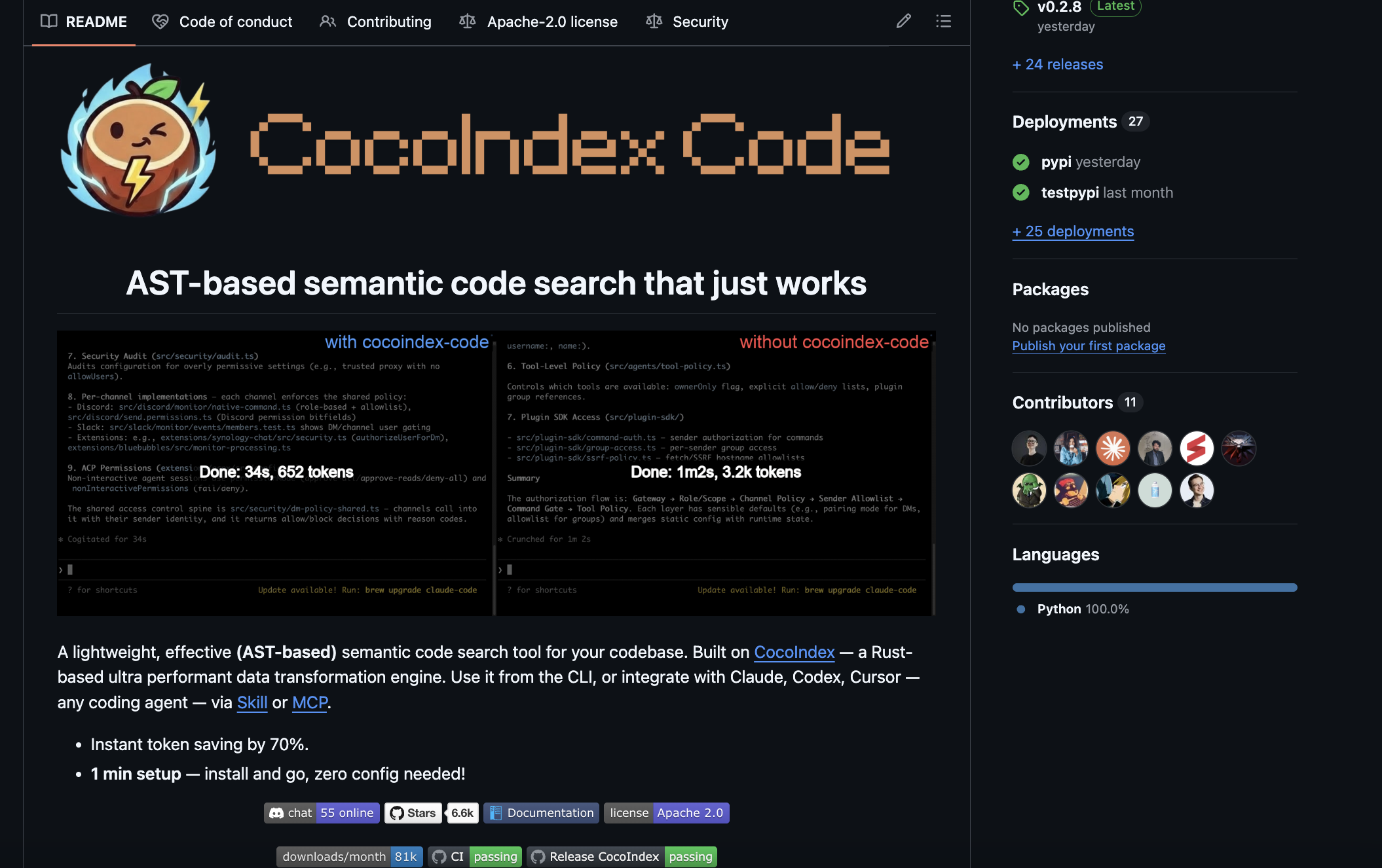 CocoIndex Code: semantic code search for coding agents, as a CLI and MCP server
