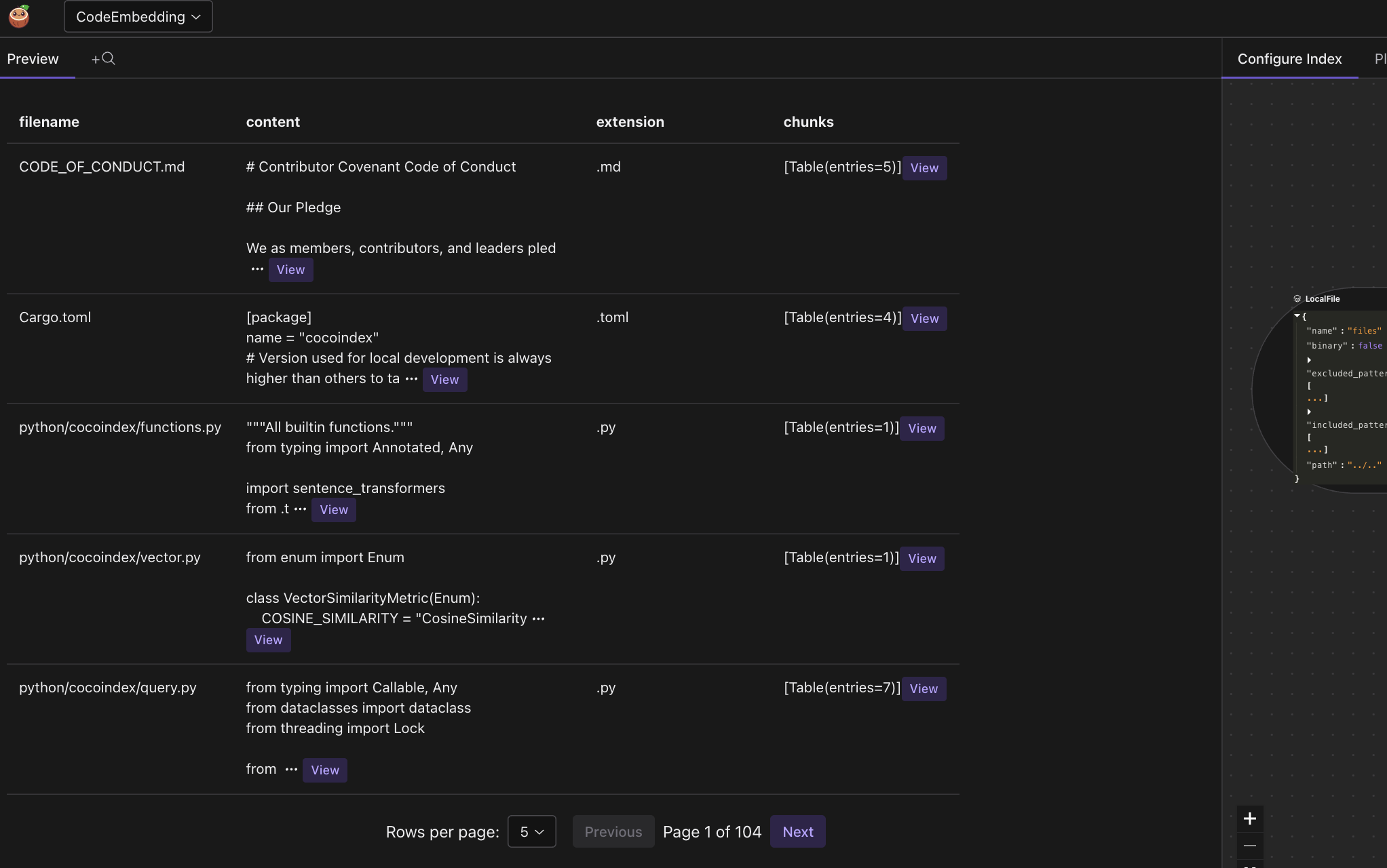 CocoInsight Data Preview showing indexed code chunks