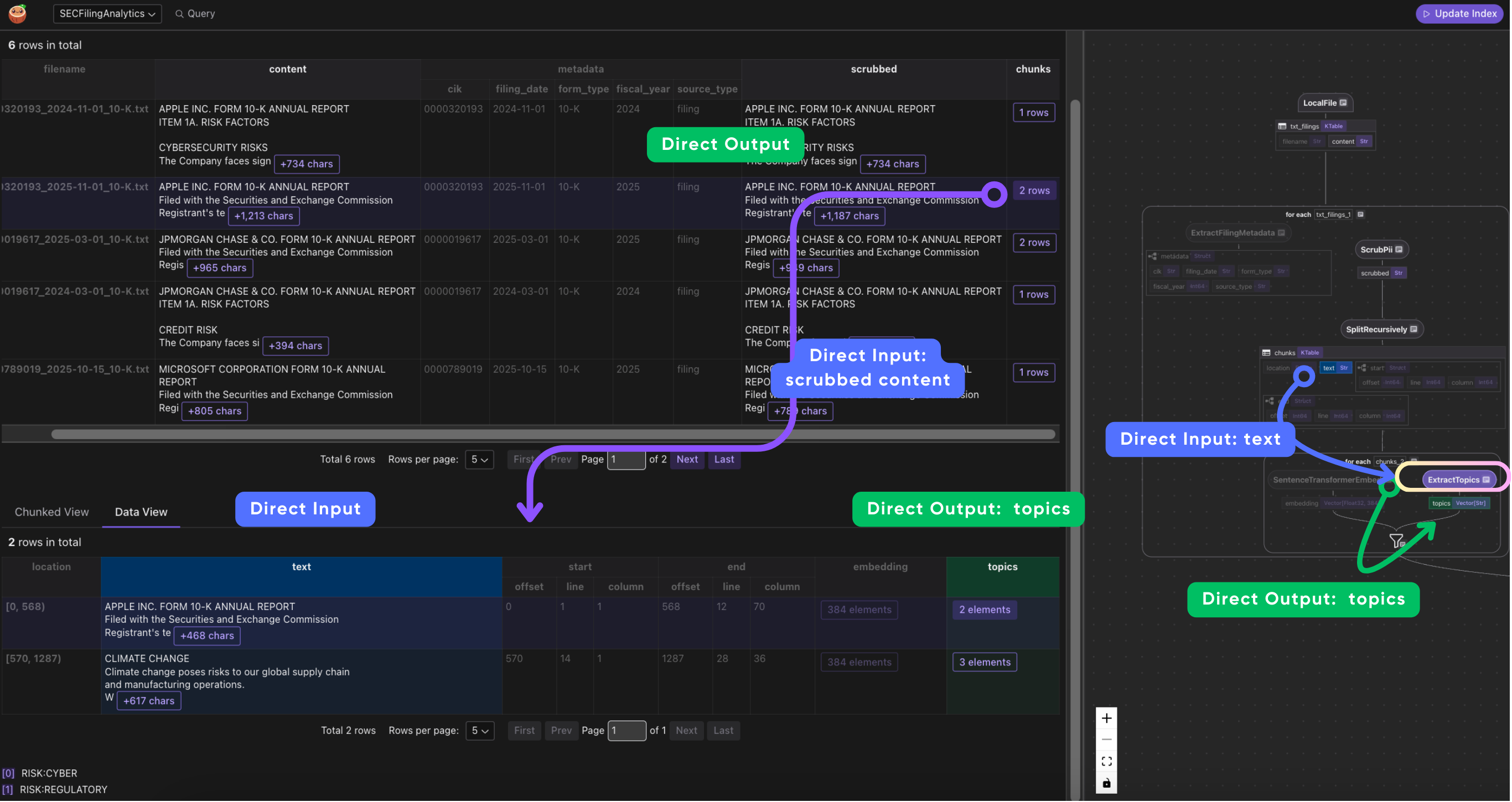 CocoInsight showing topic extraction: text → topic tags like RISK, RISK