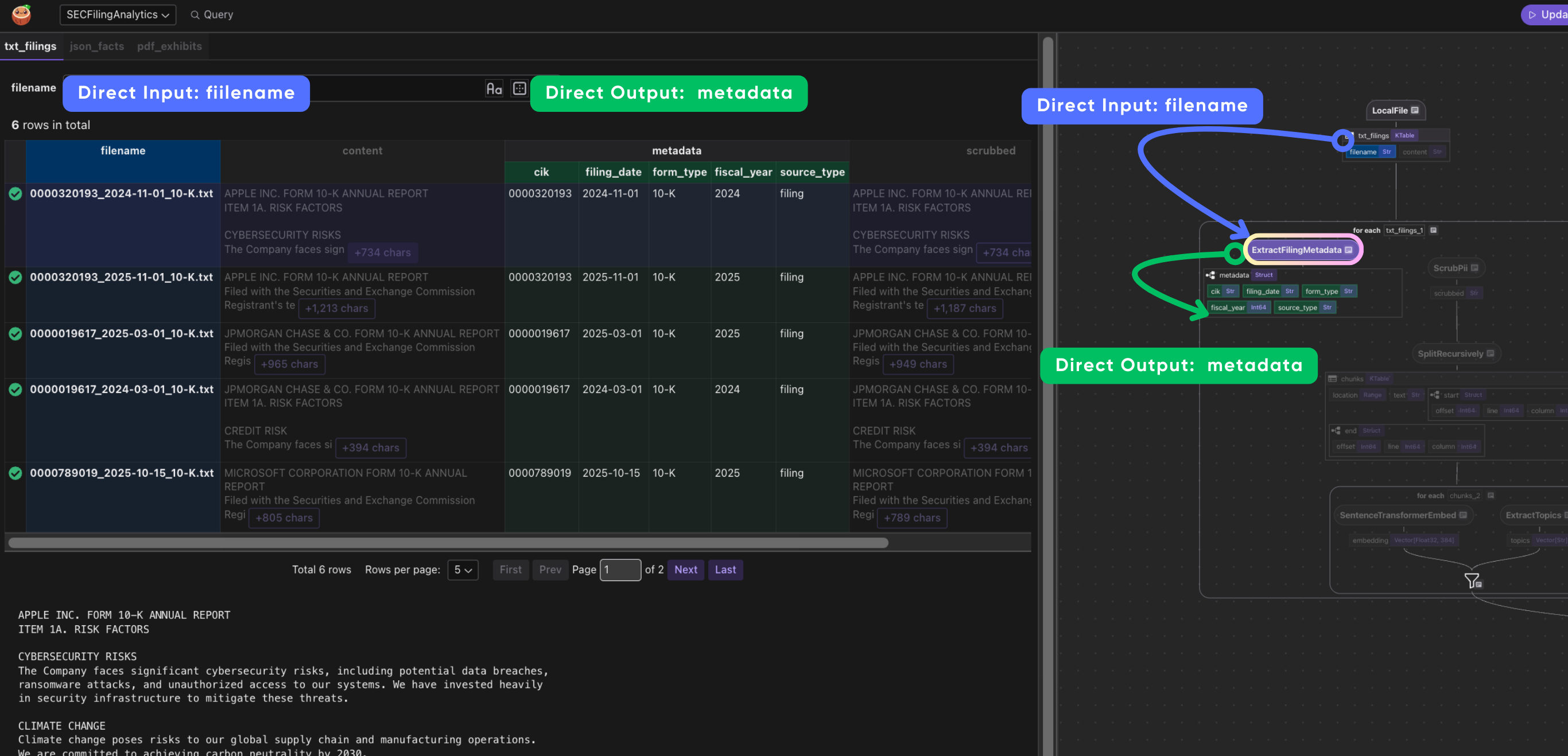 CocoInsight showing metadata extraction: filename → CIK, filing date, form type