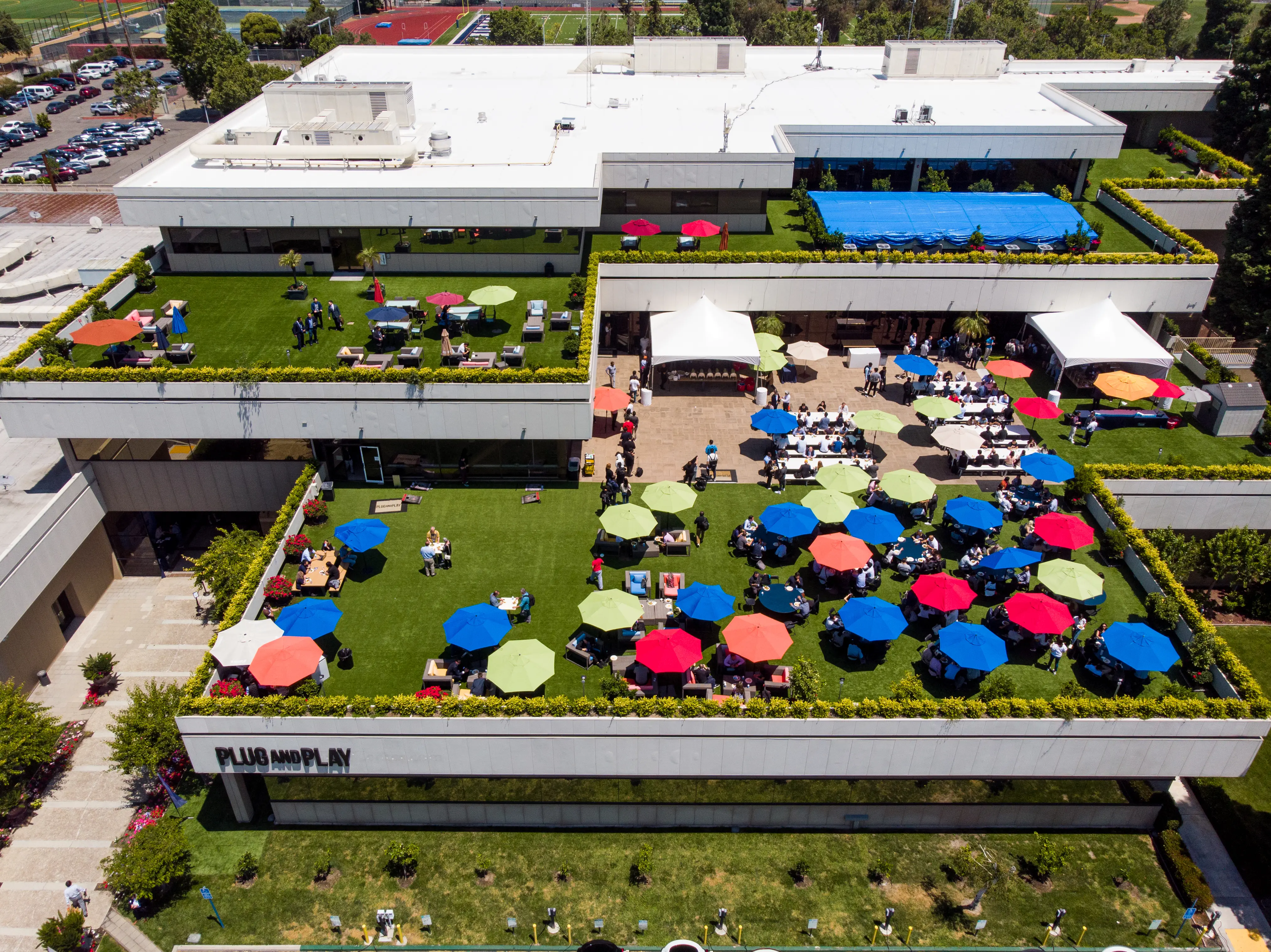 The terraces and courtyard at Plug and Play Tech Center in Sunnyvale